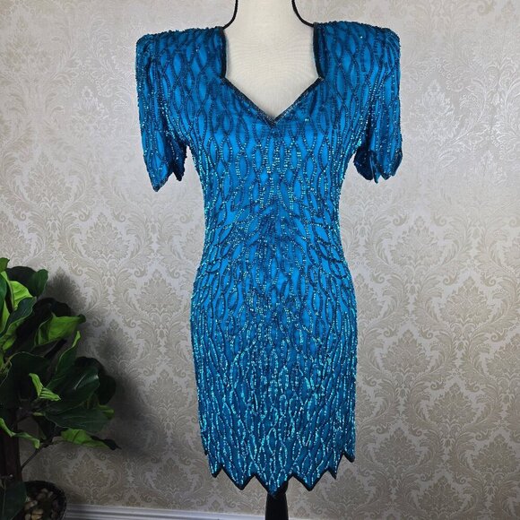 Turquoise Silk Dress Size PS Sequin and Seed Bead Embellishment ZigZag Edges Vtg - Picture 1 of 14